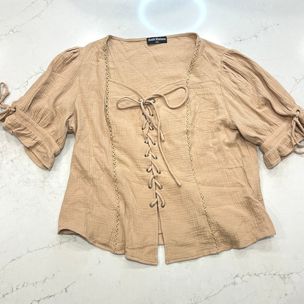 Scarlet Darkness Gauzy Renaissance Ren Fair Top Womens 2XL Tan Lace Up Peasant